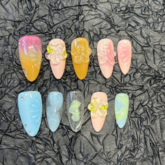 YICKYUE - 10pcs Handmade Press on Nails 3D Resin Flowers Almond False Nails Detachable Wearable Colorful Sweet Cool Y2K Fake Nail Patches