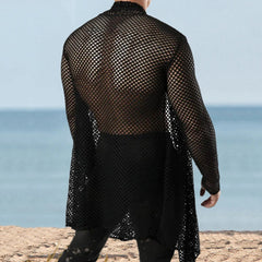 Hearujoy Sexy Hollow Out Loose Cardigan Shawl Mens Spring Summer Long Sleeve Beach Shirts Mesh Perspective Long Coat Cloak Streetwear