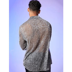 Hearujoy Spring Summer Fashion Men Long Sleeve Drop Shoulder Shirts Nightclub Perspective Mesh Cardigan Tops Sexy Shirt Streetwear