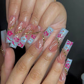 YICKYUE - 24pcs Extra Long Square Nail Blue Flower Embellished Gold Diamond Coffin False Nails, French Blue Nails,Removable Press On Nail
