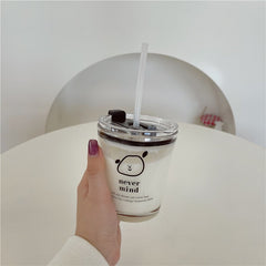 Cute Korean Bear Glass Cup With Lid And Straw For Coffee Milk Tea Clear Kawaii Mini Creative Juice Water Cups For Girl Lovers