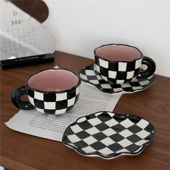 Irregular Handmade Ceramic Mug Chessboard Cup Coffee Tea Milk Water Cup Ins Coffee Cup Saucer Creative Gifts Handle Drinkware