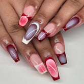 YICKYUE - French Red Brown False Nails Personality Y2k Press On Nails Hand Painted Ballet Nail Fake Nails Fashion Long Square Nail Tips