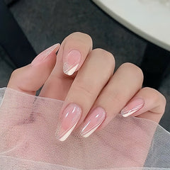 24Pcs Long Ballerina Shape Artificial Fake Nails With Design Translucent Pink French False Nails DIY Finger Manicure Tool