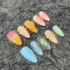 YICKYUE - 10pcs Handmade Press on Nails 3D Resin Flowers Almond False Nails Detachable Wearable Colorful Sweet Cool Y2K Fake Nail Patches