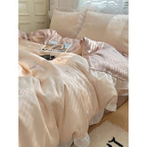 YICKYUE - Korean Lace Embroidered Bedding Set - 4PC Washed Silk-like Cooling Sheets | Summer Aircon Sleep Collection