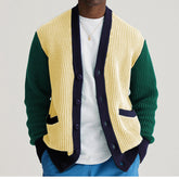 Hearujoy Autumn Winter Youth Mens Patchwork Knitwear Long Sleeve Collarless Coarse Wool Sweater Fashion Button Cardigan Coat Men Clothing