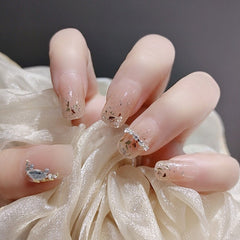 Japanese Nails 24PCS Fake Nails With Glitter Shiny Rhinestones Nail Acrylic Sweet Full Coverage Press On Nails Free Shipping