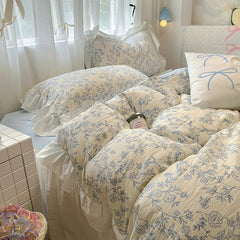 YICKYUE - Ins Korean Style Floral Bedding Set Washed Cotton 4pcs Bed Sheet Set Duvet Cover Set For Girls Bedding Decor Home