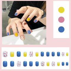 24Pcs Blue Yellow Pink Leopard Print Fake Nails With Glue Korean Short Round Fashion Manicure Full Cover Press On False Nail Tip