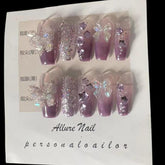 YICKYUE - 10Pcs Purple Handmade Press On Nails Flower Rhinestones False Nails Ballerina Wearable Decoration Full Cover Nail Tips Art