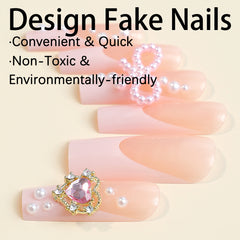 YICKYUE - 24pcs Pink Bowknot False Nails Retro Pearl Design Artificial Nail Patch for Girl Women Long Coffin European False Nail Patches