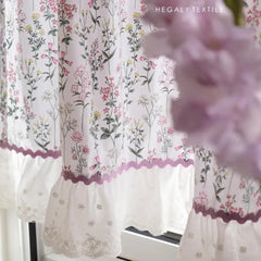YICKYUE - Romance Printed Short Curtain with Embroidery White Ruffled Light Purple Plant Flower Patten Cotton Kitchen Curtains Home Decor