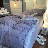 YICKYUE - Cut Flowers Craft Fur Ball Ruffles Bedding Set Solid Color Duvet Cover Soft Washed Cotton Bed Linens For Girl Woman Decor Home