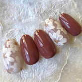 24pcs Bean Paste Color Decor Flower Full Cover Wedding Bride Full Nails Tips Artificial Nails Art Patches With Glue For Girls