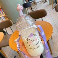 560 ML Kawaii Bubble Tea Water Bottle With Straw Cap Strap Cute Girl Student Pearl Milk Tea Plastic Bottle For Boba Drink Cups