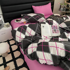 Yickyue Fashion Style Pink,Black 4pcs Bedding Set Luxury Pure Cotton Soft Duvet Cover Comforter Pillowcases Bed Flat Sheet Set for Girl