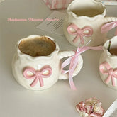 YICKYUE - Irregular Handmade Relief Pink Bow Coffee Ceramic Cup Gift Water Cup Kawaii Cup
