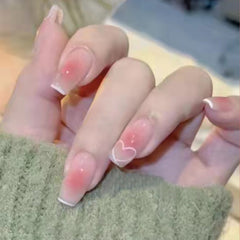 Yickyue Short French Glitter Pink Fake Nails Press on Set Sequin Cute Nail Art Reusable Fake Nails Acrylic Full Cover Tips with Glue