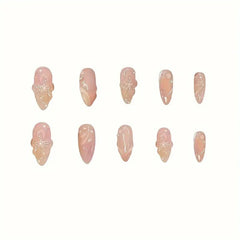 YICKYUE - 24PCS Fashion 3D Crystal Flowers Fake Y2k Nails Press On Acyrlic Nails Long Almond False Nails French Stripes Decor Removable