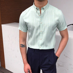 YICKYUE - Italian Summer Men Short Sleeve Striped Shirt British Casual Slim Shirt Retro Shirt Dress Camisa Masculina Social Summer