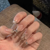 24pcs/Set Fake Nails Butterfly Rhinestone Design Artificial Nail Diy Fashion False Nails With Glue Fake Nails Press On For Girl