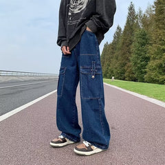 YICKYUE - Blue Baggy Cargo Jeans Men Fashion Oversized Pocket Jeans Mens Japanese Streetwear Hip-hop Loose Straight Denim Trousers Men