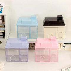 YICKYUE - Transparent Desktop Storage Box Creative Small House Pen Holder Student Kawaii Stationery Cosmetic Organizer Rack Drawer 3 Sold