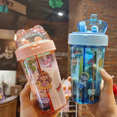 420ml Kawaii Double Water Bottle Two Straws Outdoor Portable Bottle Student Couple Plastic Cup Gift Drinking Water Bottle Kettle