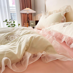 Luxury Embroidered Soft Brushed Washed Princess Bedding Set Lace Ruffles Quilt/Duvet Cover Bed Skirt Or Bed Linen Pillowcases