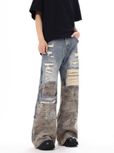 Hearujoy Men's Vintage Camo Patchwork Distressed Jeans - High-Street Style, Loose Straight-Leg Wide Denim Pants with Ripped Detailing, Machine Washable, Cotton, Plus Size Jeans