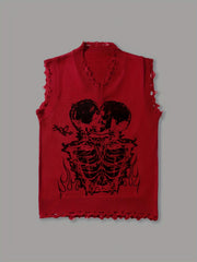 Hearujoy Stylish Men's Brown Knit Sweater Vest with Skull Print - Casual V-Neck, Sleeveless Pullover with Raw Hem Detail, Perfect for Summer