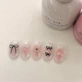 YICKYUE - 10Pcs Pink Handmade Press on Nails Short Blush Artificial False Nail Tips Black Bow Designed Sweet Girl Full Cover Fingernail