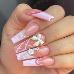 YICKYUE - 24pcs/box long ballet nails, flowers, press on nails, nail art patches, acrylic nails, for women and girls daily wear, y2k nails