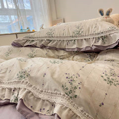 YICKYUE - Double Layer Lace Ruffles Pure Cotton Bedding Set Lavender Floral Duvet Cover Set Bed Skirt/Flat Sheet/Fitted Sheet Pillowcases
