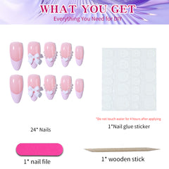 YICKYUE - Nude French bow love wearing nail patch fake nails for womengirlsstudentspregnant women detachable ins wind almond Pearl 24pcs
