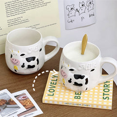 Kawaii Milk Cow Mugs Coffee Cups Cute Ceramic Cups With Spoon Home Milk Tea Beer Water Breakfast Cup Drinkware Birthday Gift
