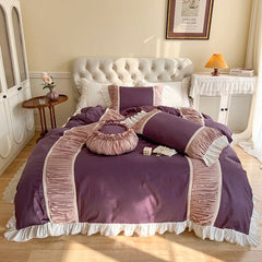 Yickyue Luxury Purple Patchwork Pleat Bedding Set Korean Style 100% Cotton Princess Lace Duvet Cover Bedsheet Bed Skirt Pillowcases