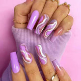 24 PCS Long Coffin Ballet False Nail Rose Pink Wave Print Full Finished Fake Nail Patch Nail Art Decorations Press on Nails