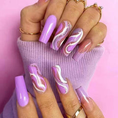 24 PCS Long Coffin Ballet False Nail Rose Pink Wave Print Full Finished Fake Nail Patch Nail Art Decorations Press on Nails