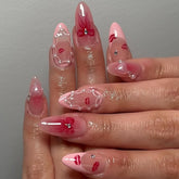 YICKYUE - 24pcs Sweet Pink Press on Nails with Bow Lipstick Print French Fake Nail Tips Wearable Detachable Ins Simple Korean False Nails