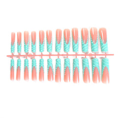 YICKYUE - 24pcs 3D Water Drop Fake Nail Patches Green French Press on Nail Full Cover Wearable Summer Extra Long Ballet False Nail Patches