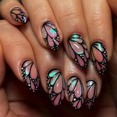 YICKYUE - Gradient Pearlescent Powder Vivid 3D Butterfly Almond Nail Art Fashion False Nails Detachable Finished Fake Nails Press on Nails