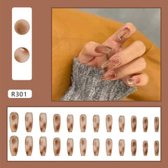 24Pcs/Box Smudged Amber Short Ballet Wearable Fake Nails Press on Square Head Full Cover Detachable Finished Fingernails