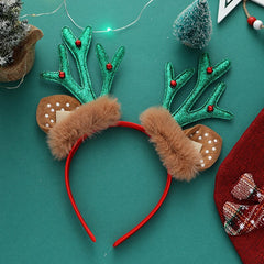 Yickyue Christmas Red Green Pale Gold Anlter Hair Hoop Plush Deer Ears Headband Girls Xmas Gifts Happy New Year 2023 Party Decorations