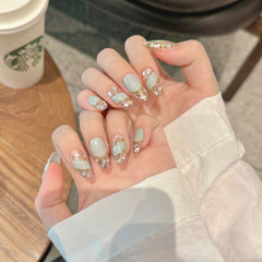 YICKYUE - 10pcs Handmade Press on Nails Mint Green Almond Gold Edge Fake Nails With Sequin Shiny False Nail Tips Wearable Nail