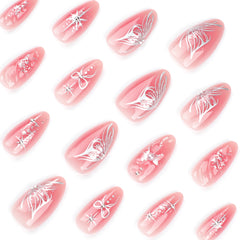 YICKYUE - New 3D Butterfly False Nails Pink Blush Fake Nail Patch Full Cover Wearable Sweet Korean Style Press on Nails for Girl Women