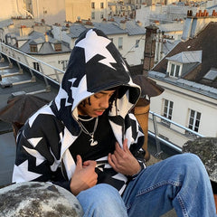 Hearujoy Halloween Y2K Men Hoodies Fashion Star Print Zip Up Long Sleeve Oversized Hooded Sweatshirts Gothic Grunge Jacket Coat Harajuku Streetwear