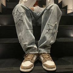Hearujoy 90s Streetwear Y2k streetwear men baggy jean American high street trend star patch straight loose versatile wide-leg pant for mopping the floor