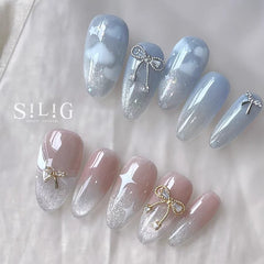 Yickyue Bow Ice Translucent Sense Handmade Wearable Fake Nail Gradient AB Asymmetric Almond false Nails Trim Nail Shape Nail Decoration